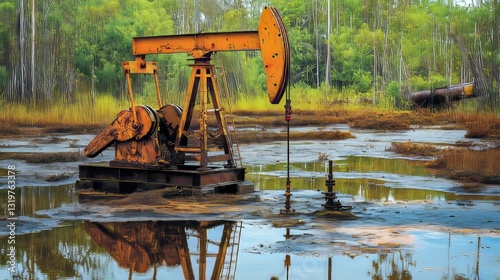 Oil jack pumping crude oil in a wetlands nature area