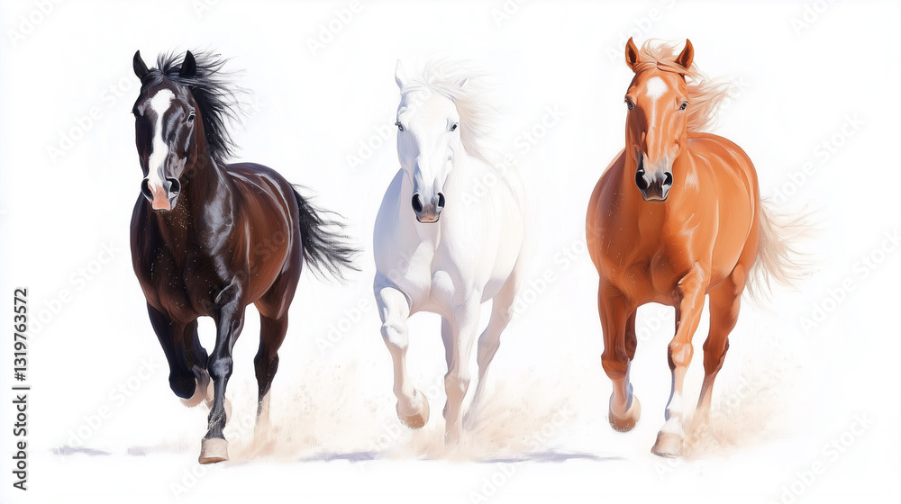 Fototapeta premium Three galloping horses on white background