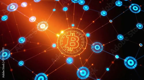 Futuristic Bitcoin blockchain network with glowing digital connections and cryptocurrency technology concept