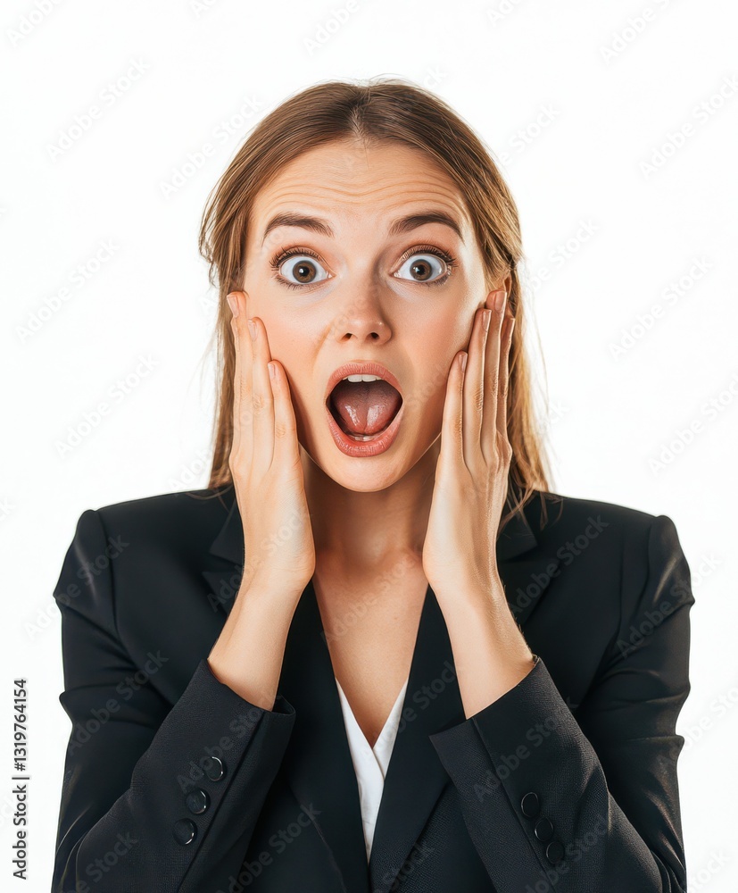 Woman expressing surprise with hands on her cheeks Woman expressing surprise with hands on her cheeks