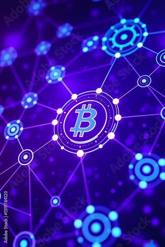 Futuristic glowing Bitcoin blockchain network with interconnected nodes and cryptocurrency digital technology