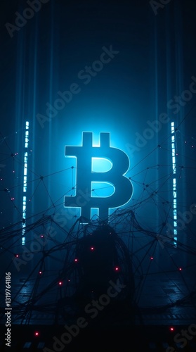 Futuristic glowing Bitcoin symbol with cyber network wires in dark digital finance concept