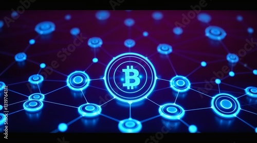 Futuristic glowing Bitcoin blockchain network with interconnected nodes and digital cryptocurrency system