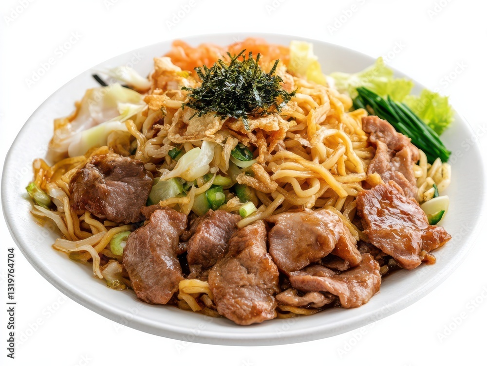 Delicious yakisoba with meat and vegetables on a plate Delicious yakisoba with meat and vegetables on a plate