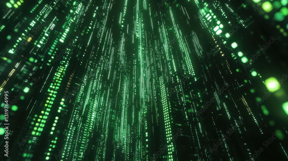 Trading and growth concept with bright green graphs going up at abstract binary code background. 3D Rendering