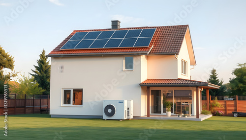 solar panels and an air heat pump. a home with alternative energy sources , with white tonespng