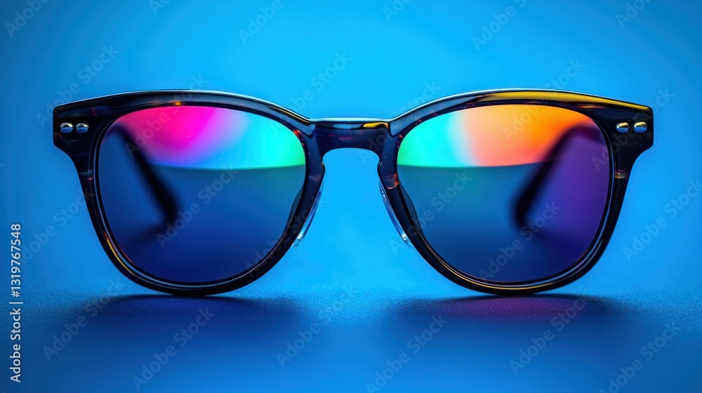 Iridescent Sunglasses Reflecting Light on Blue Background Iridescent Sunglasses Reflecting Light on Blue Background