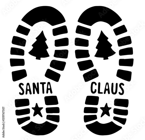 Santa's bootprints on snow with Christmas tree marks and "SANTA" and "CLAUS" text, perfect for holiday footprints and Christmas decorations.


