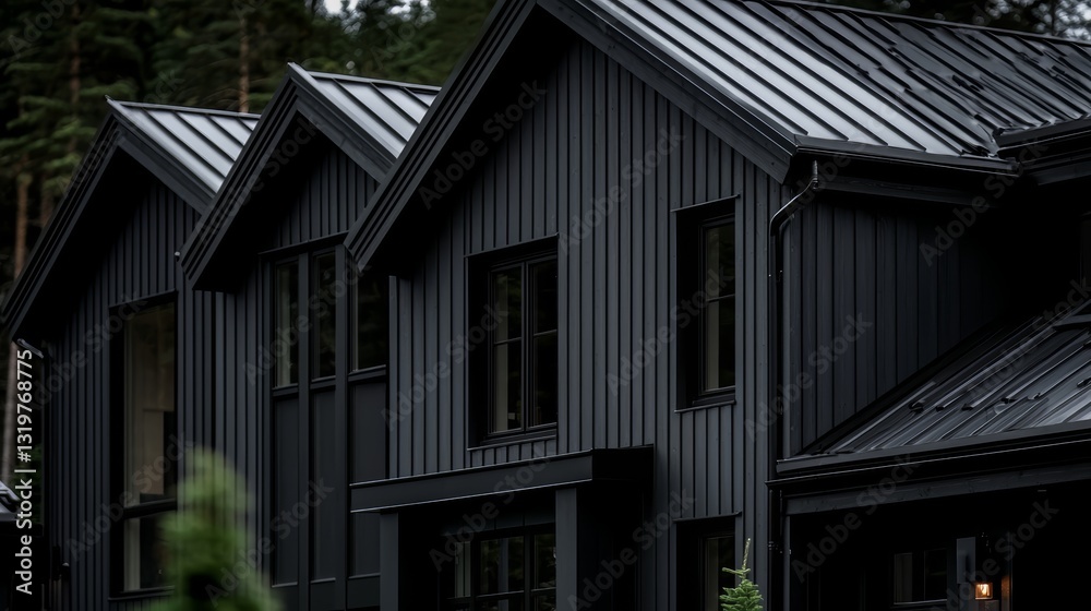 Three black houses with black roofs and windows. The houses are all the same color and have a similar design Three black houses with black roofs and windows. The houses are all the same color and have a similar design