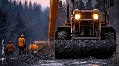 Heavy machinery operating on a construction site during dusk with workers managing the area