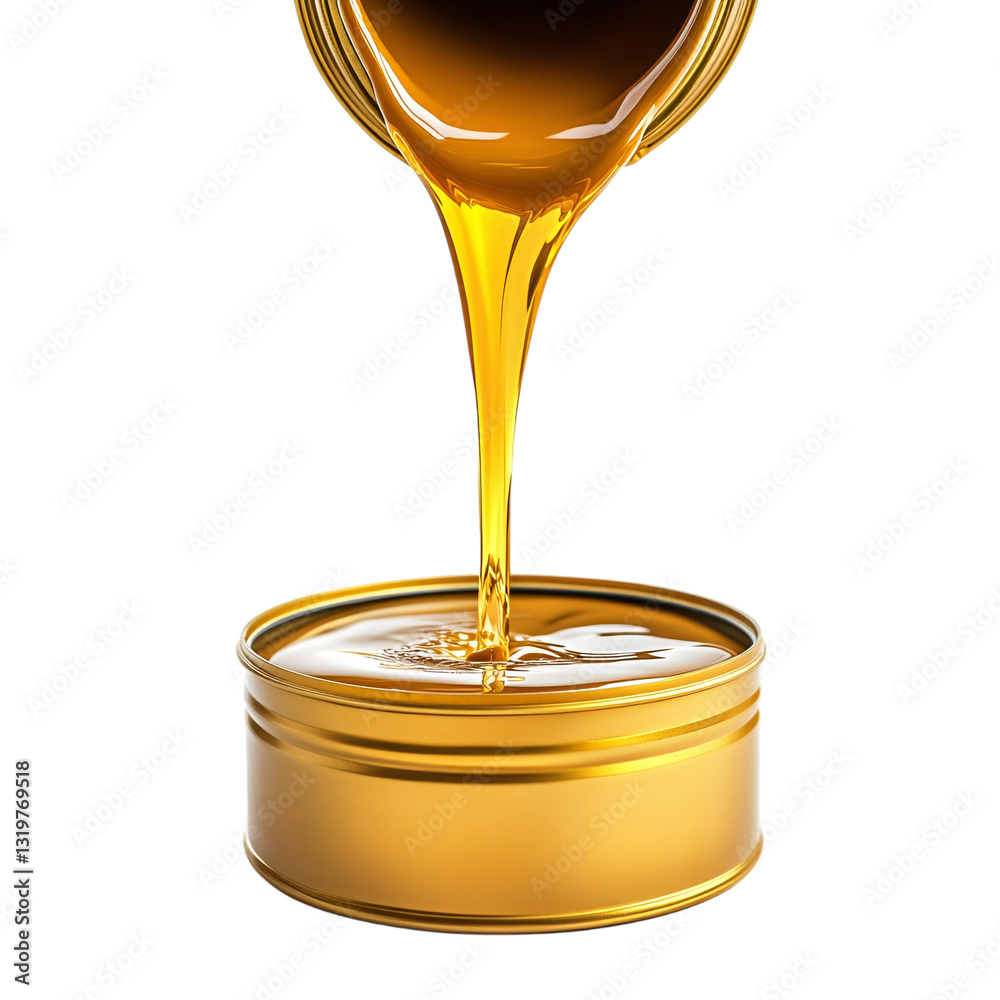 Metallic gold paint pouring from a tin, ultra-sharp details, isolated on white background Metallic gold paint pouring from a tin, ultra-sharp details, isolated on white background