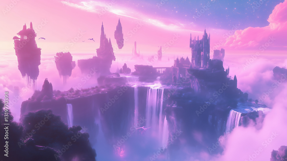 Obraz premium A breathtaking fantasy landscape featuring floating islands with cascading waterfalls, surrounded by mist and a dreamy pink and purple sky. A serene and otherworldly scene.