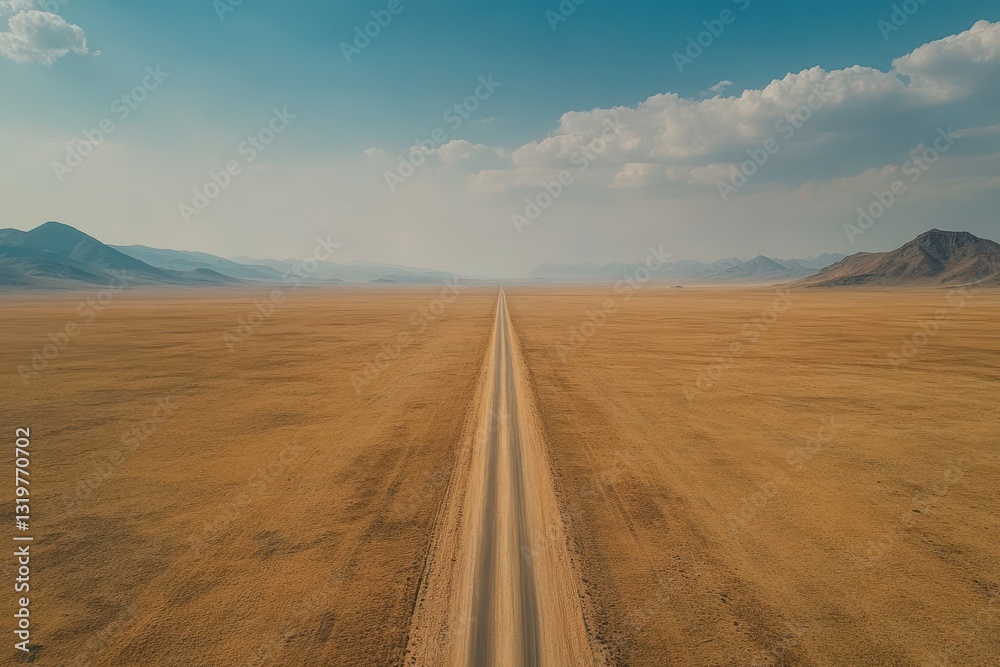 Highway Extending Through Arid Desert Landscape Under Blue Sky Highway Extending Through Arid Desert Landscape Under Blue Sky
