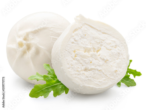 Ball of burrata cheese and cross cut of burrata with stracciatella and clotted cream inside on white background. File clipping path.