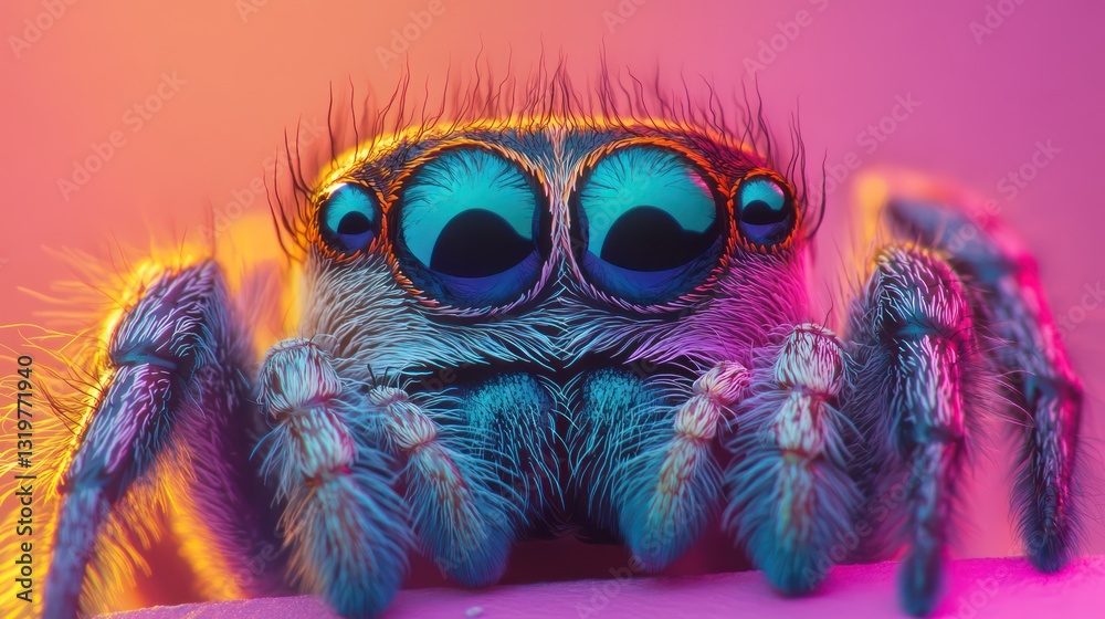 Close-up Jumping Spider in Neon Light Close-up Jumping Spider in Neon Light