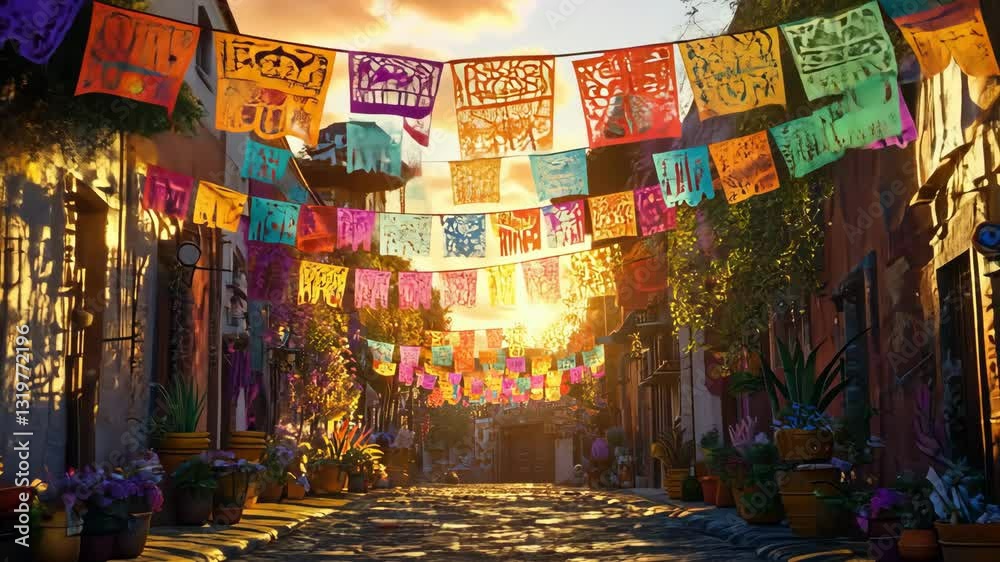 Vibrant mexican street decorated with colorful papel picado banners at sunset celebrating cinco de mayo, mexican culture
