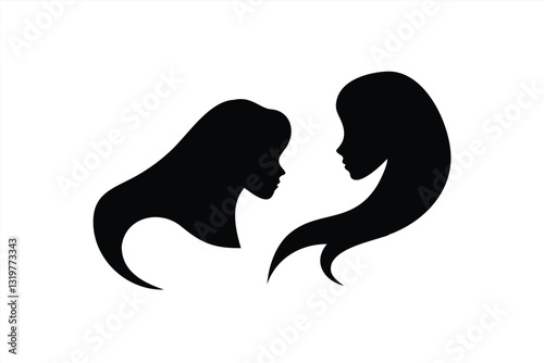Silhouette of two women side by side with flowing hair