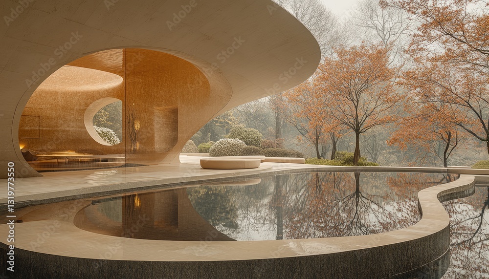 Fototapeta premium Modern architecture with curved pool reflecting autumn trees. Ideal for showcasing tranquil design, spa, or wellness concepts.