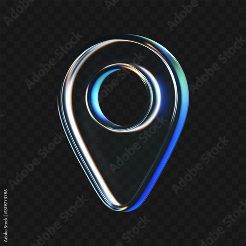 3D glass location pin icon with refraction, holographic effect isolated on dark background. Render transparent glass location map with rainbow gradient. Navigation, gps sign. 3d vector morphism