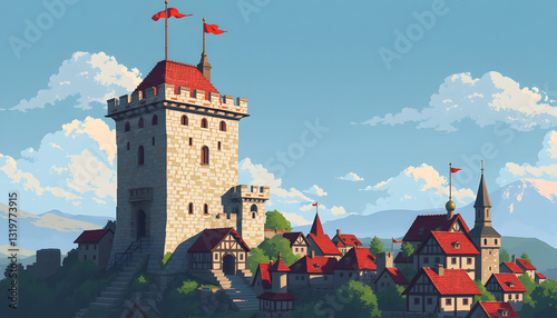 2d pixel art of medieval town, middle ages tower, game art, 16 bits, 32 bits , with white tonespng