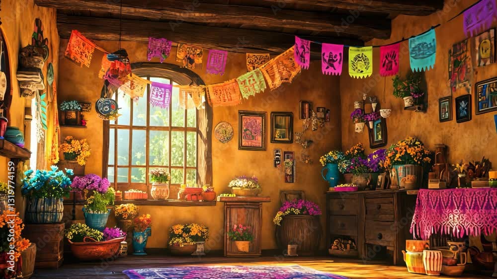 Vibrant mexican interior decorated for cinco de mayo with papel picado, colorful flowers, and traditional art celebrating mexican culture