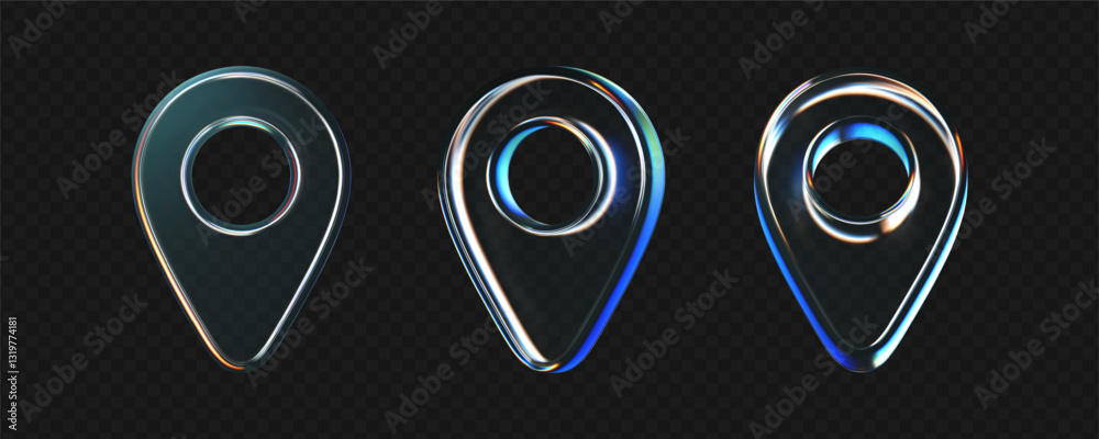 3D glass location pin icons set with refraction, holographic effect isolated on dark background. Render transparent glass location map with rainbow gradient. Navigation, gps sign. 3d vector morphism
