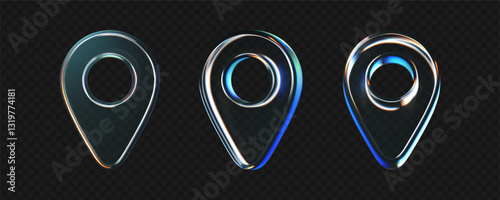 3D glass location pin icons set with refraction, holographic effect isolated on dark background. Render transparent glass location map with rainbow gradient. Navigation, gps sign. 3d vector morphism