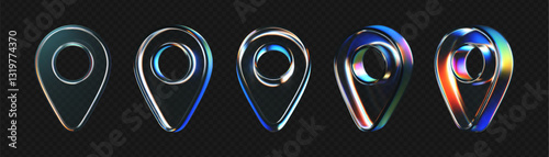 3D glass location pin icons set with refraction, holographic effect isolated on dark background. Render transparent glass location map with rainbow gradient. Navigation, gps sign. 3d vector morphism