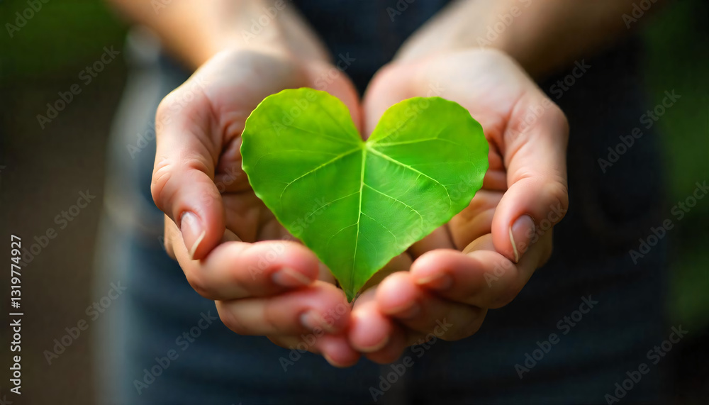 Two hands gently holding a heart-shaped green leaf, symbolizing love, care, and connection to nature. Two hands gently holding a heart-shaped green leaf, symbolizing love, care, and connection to nature.
