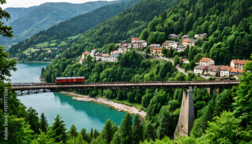 Le train rouge traverse la montagne verdoyante