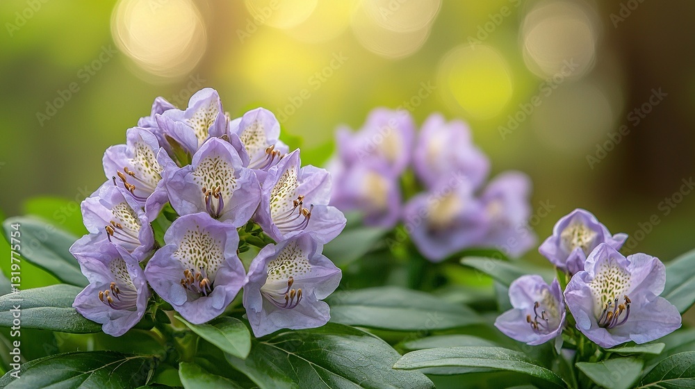 A bunch of purple flowers with green leaves A bunch of purple flowers with green leaves