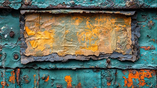 A piece of paper is peeling off of a green door