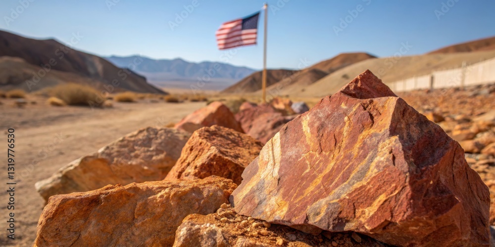 Vibrant rock formations near an American flag on a clear day in a desert landscape