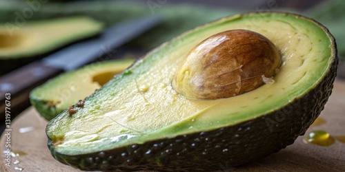 Obraz na płótnie Freshly cut avocado half displaying smooth flesh and large seed on wooden cutting board with knife in background w salonie