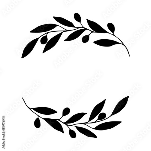 Two black silhouettes of branches with leaves and berries, forming a half-circle frame, perfect for framing photographs, text, or holiday designs.

