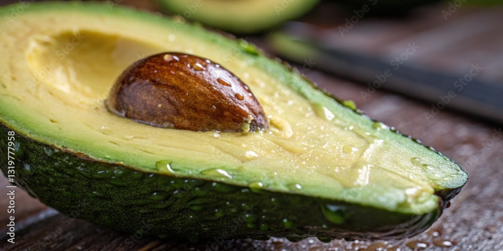 Freshly cut avocado showcases its creamy texture and rich color on wooden surface with droplets of water