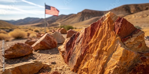 Vibrant red rocks near an American flag in a dry desert landscape under a clear sky