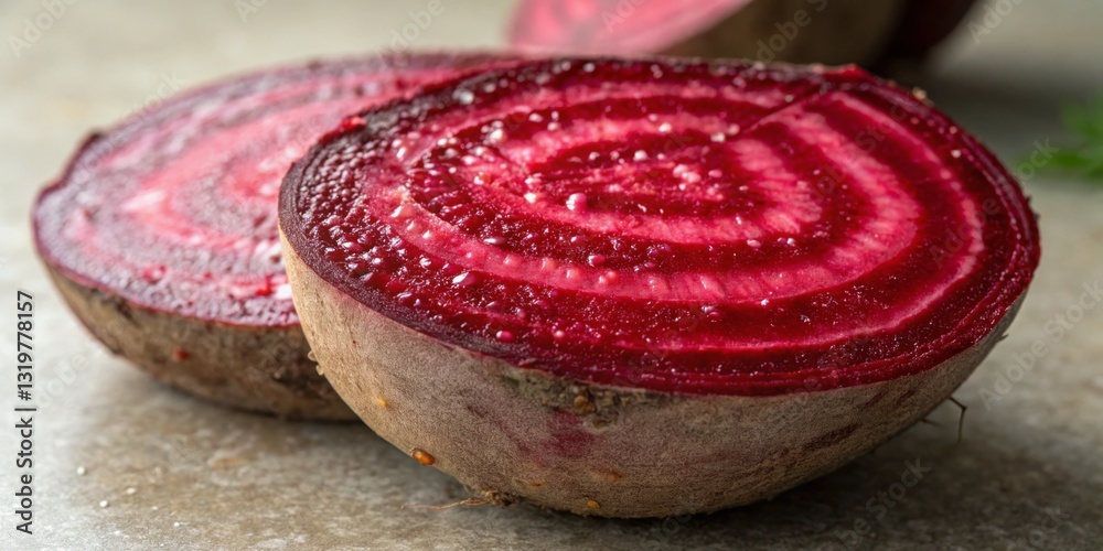 Freshly cut beetroot halves displaying vibrant red concentric patterns on a kitchen counter with natural lighting