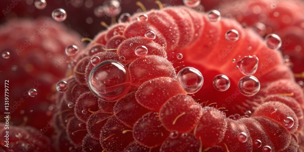 Close-up view of fresh raspberries submerged in sparkling water with bubbles enhancing their texture