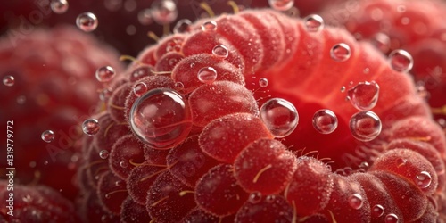 Obraz na płótnie Close-up view of fresh raspberries submerged in sparkling water with bubbles enhancing their texture w salonie