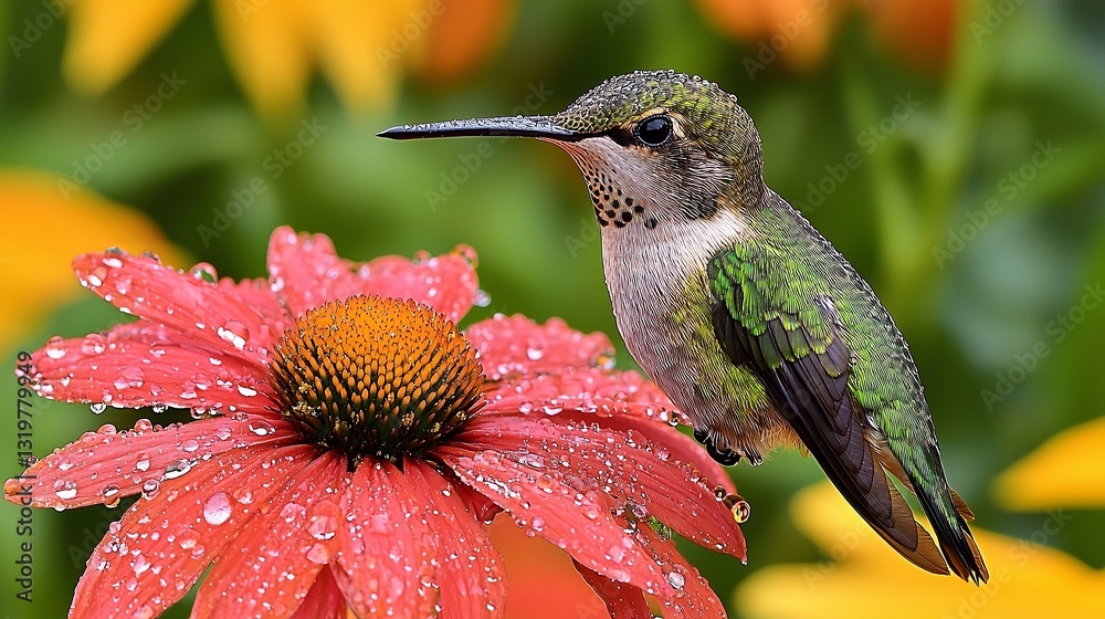 Fototapeta premium A hummingbird perched on a red flower with water droplets
