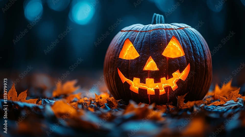 Naklejka premium A jack-o-lantern sitting on the ground surrounded by leaves