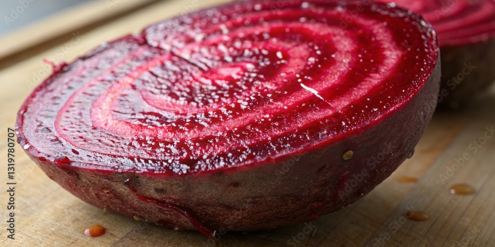 Freshly cut beetroot displays vibrant colors and unique texture on a wooden cutting board in a kitchen setting