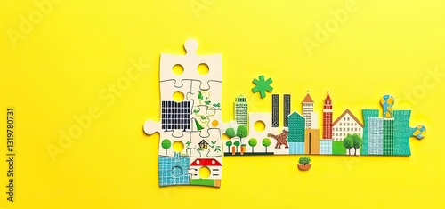 Colorful Cityscape Puzzle Pieces on Yellow Background