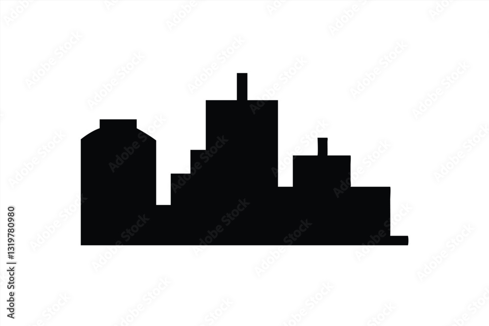 Silhouette of city skyline with tall buildings at sunset Silhouette of city skyline with tall buildings at sunset