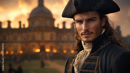 A man in a cocked hat standing in front of a large building