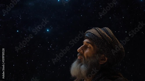 Abraham looking up at the night sky, stars shining brightly, as God promises him descendants as numerous as the stars.