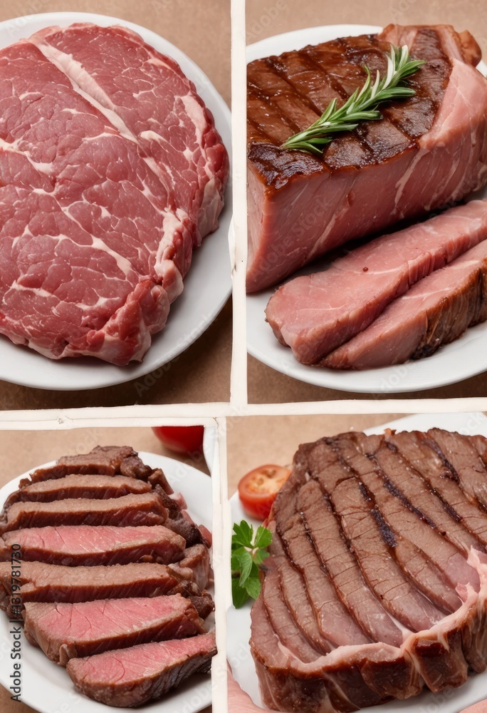 A row of four pieces of meat sitting on top of a table A row of four pieces of meat sitting on top of a table