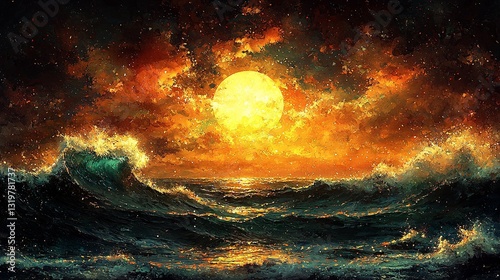 A painting of a sunset over the ocean with a large wave in the foreground