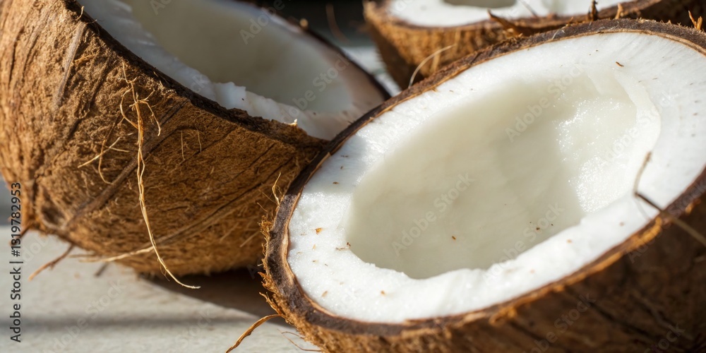 Freshly Cut Coconuts Displayed on a Surface in Natural Light